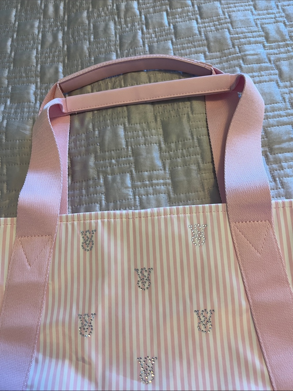Victoria's Secret Pink Striped Tote with Rhinestone VS Accents - Picture 6 of 11